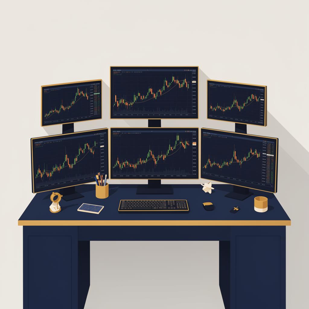 Illustration of a trading desk with candlestick charts